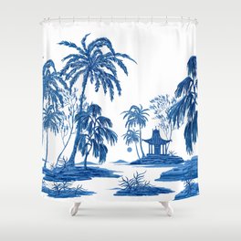 Vintage garden fruit trees, palm trees, sakura trees, plant floral seamless pattern on white background. Exotic blue chinoiserie hand drawn.  Shower Curtain
