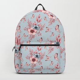 Monochrome anemone flowers and butterflies on a blue background - floral print Backpack