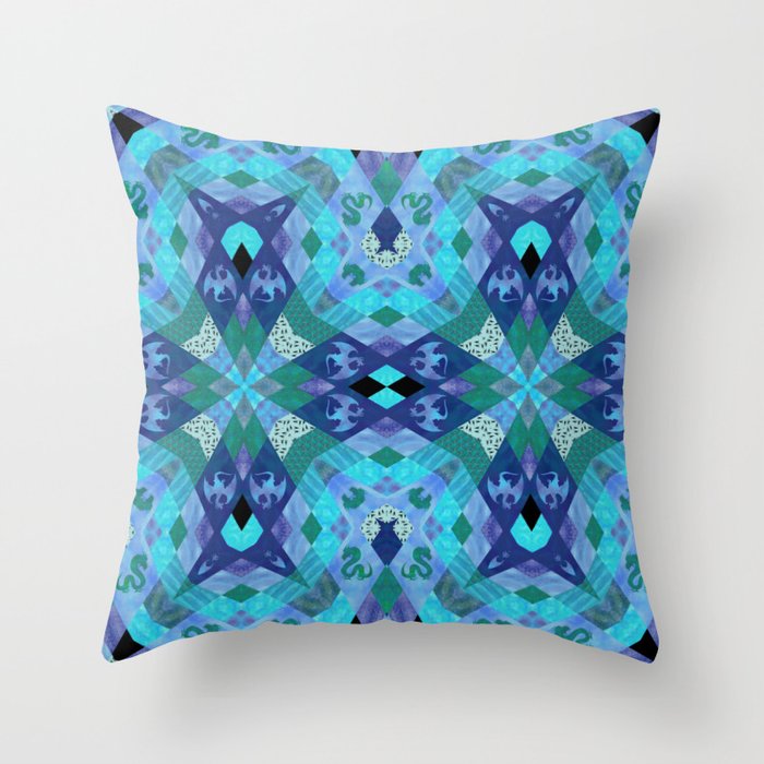 Fantasy Dragon Patchwork Quilt in Jewel Tones of Sapphire, Jade, and Turquoise Throw Pillow