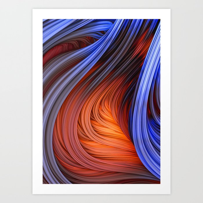 Blue Orange Flame Abstract 3D Flow Strands Artwork Art Print