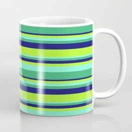 [ Thumbnail: Aquamarine, Sea Green, Midnight Blue & Light Green Colored Stripes Pattern Coffee Mug ]