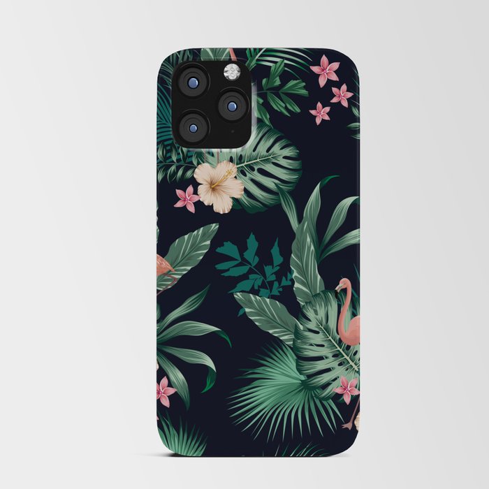  seamless tropical pattern with lush foliage, flowers, pink flamingos. Exotic floral design with monstera leaves, areca palm leaf, hibiscus, frangipani.  iPhone Card Case