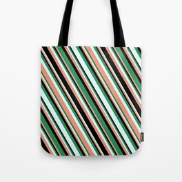 [ Thumbnail: Sea Green, Light Cyan, Dark Salmon, and Black Colored Striped/Lined Pattern Tote Bag ]