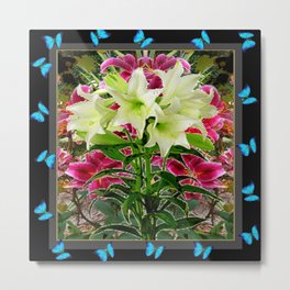 BLUE BUTTERFLIES WHITE LILIES  BLACK FLORAL ART Metal Print | Drawing, Butterflies, Asianlilies, Easterlilies, Lilies, Bluebutterflies, Digital, Acrylic, Whitelilies, Whiteflowers 