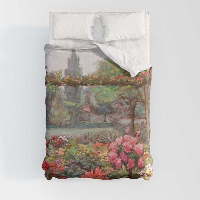 Un jardin d'ete flower garden with Cathedral - post impressionist flowers landscape oil by Octave Guillonnet Duvet Cover