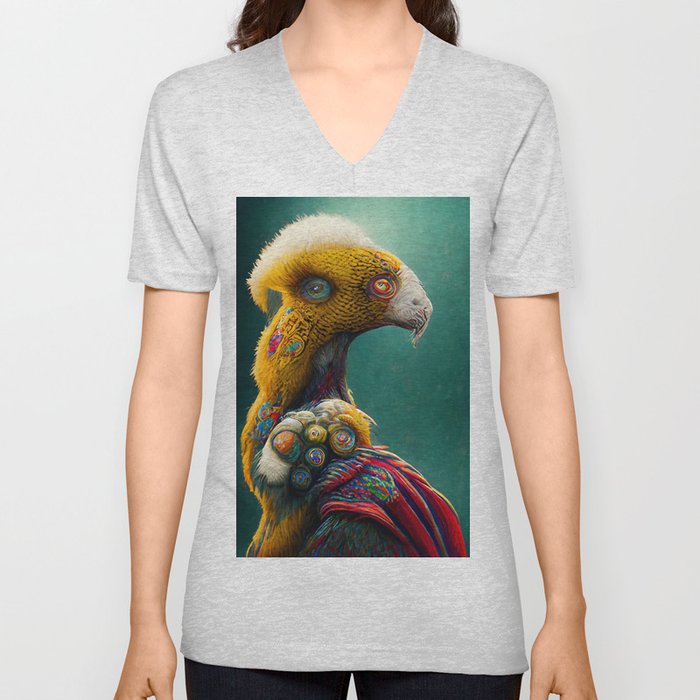 A fantasy portrait of an unusual bird in a fairy-tale elfin forest. Fabulous flower garden and cute fantasy birds. Concept of a colorful magic bird. V Neck T Shirt