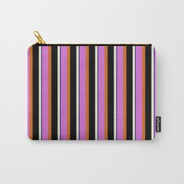 [ Thumbnail: Orchid, Chocolate, Black, Beige & Midnight Blue Colored Lined/Striped Pattern Carry-All Pouch ]
