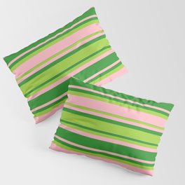 [ Thumbnail: Forest Green, Green, and Light Pink Colored Lined Pattern Pillow Sham ]