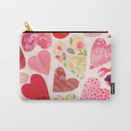 Many Hearts Carry-All Pouch | Pattern, Floral, Collage, Homedecor, Valentine, Watercolor, Paper, Hearts, Pink, Red 