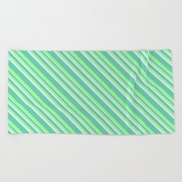 [ Thumbnail: Aquamarine, Green, and Lavender Colored Lined/Striped Pattern Beach Towel ]
