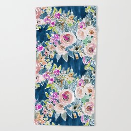 NAVY SO LUSCIOUS Colorful Watercolor Floral Beach Towel