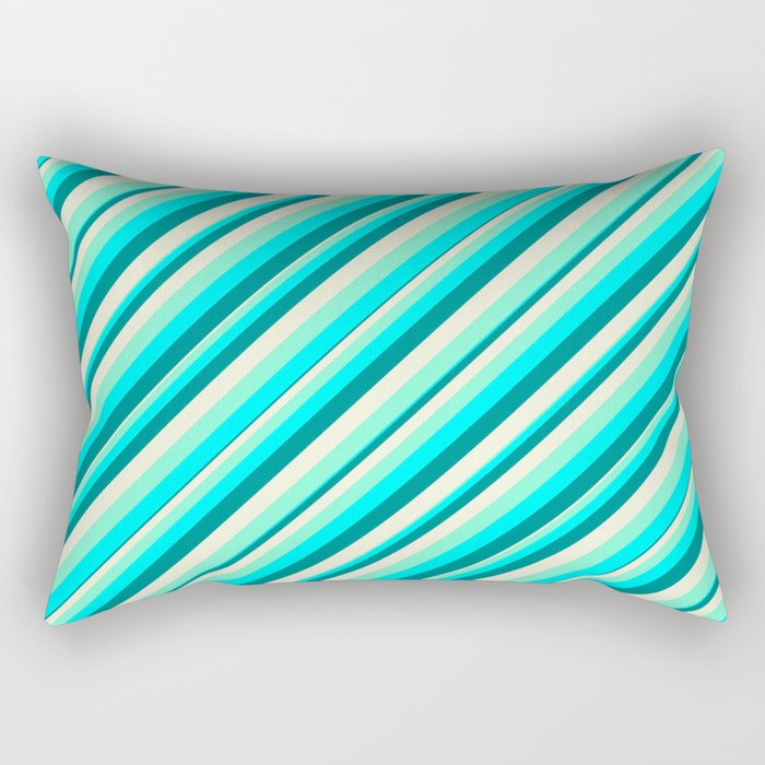 Aquamarine, Cyan, Dark Cyan, and Beige Colored Lined/Striped Pattern Rectangular Pillow