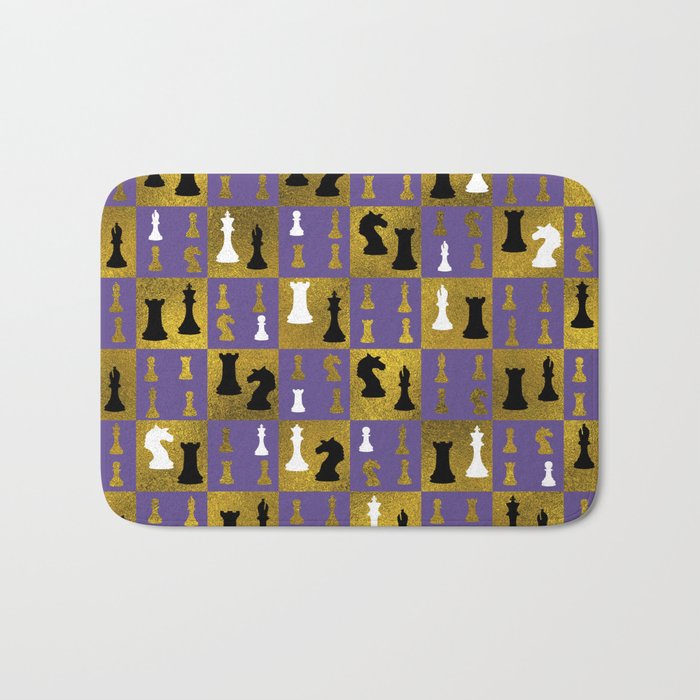 Violet Chessboard and Chess Pieces pattern Bath Mat