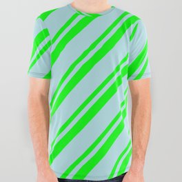 [ Thumbnail: Powder Blue and Lime Colored Stripes/Lines Pattern All Over Graphic Tee ]