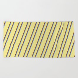 [ Thumbnail: Tan, Brown, and Cornflower Blue Colored Striped/Lined Pattern Beach Towel ]