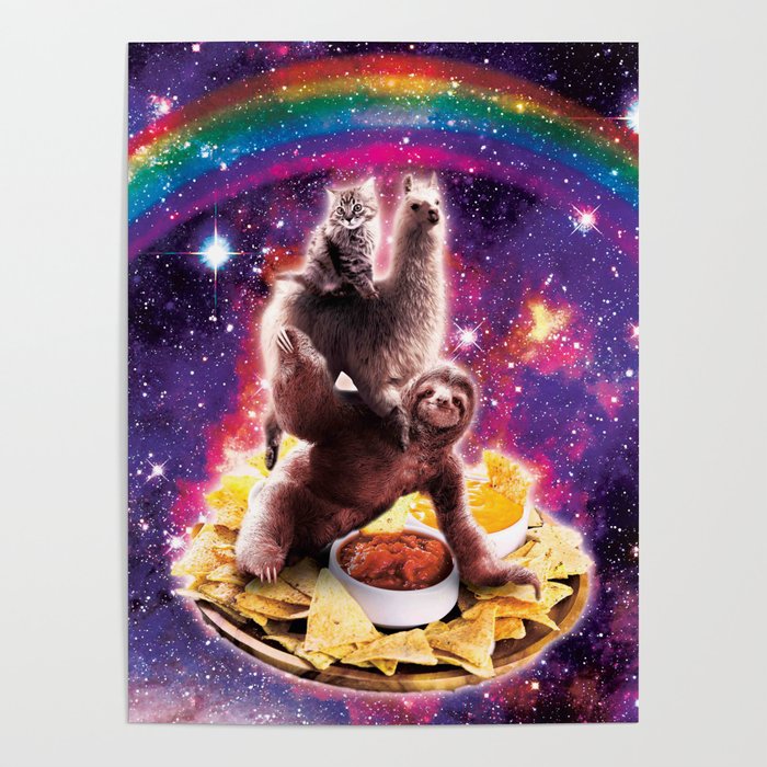 Space Cat Llama Sloth Riding Nachos Poster
