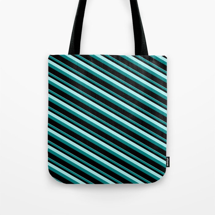 Turquoise, Teal & Black Colored Pattern of Stripes Tote Bag
