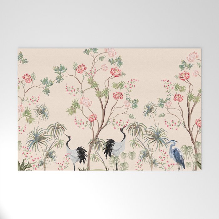 Beautiful exotic chinoiserie wallpaper. Hand drawn vintage chinese rose trees, palms, sakura flowers, peonies, crane bird, heron, pheasant. Floral seamless border pink background.  Welcome Mat