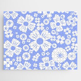 Modern Retro Light Denim Blue and White Daisy Flowers Jigsaw Puzzle