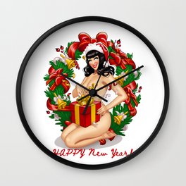 Pinup girl with Christmas gift sit | Happy new year! Wall Clock