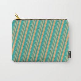 [ Thumbnail: Brown & Light Sea Green Colored Lines/Stripes Pattern Carry-All Pouch ]