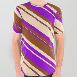 [ Thumbnail: Dark Violet, Brown & Bisque Colored Striped Pattern All Over Graphic Tee ]