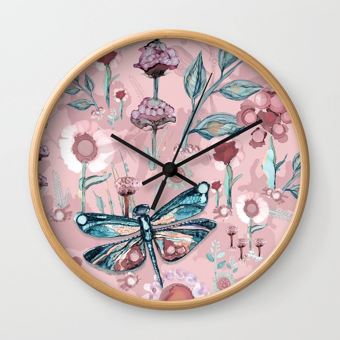 Rose Gold Dragonfly Garden | Pastel Wall Clock