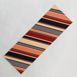 [ Thumbnail: Eye-catching Dim Grey, Dark Red, Tan, Coral, and Black Colored Striped Pattern Yoga Mat ]