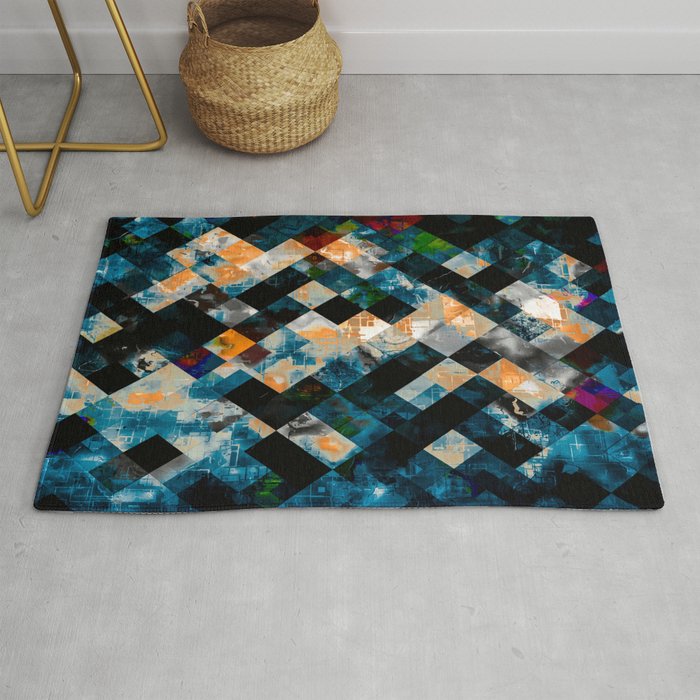 geometric pixel square pattern abstract background in blue yellow Rug