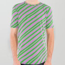 [ Thumbnail: Lime Green and Plum Colored Pattern of Stripes All Over Graphic Tee ]