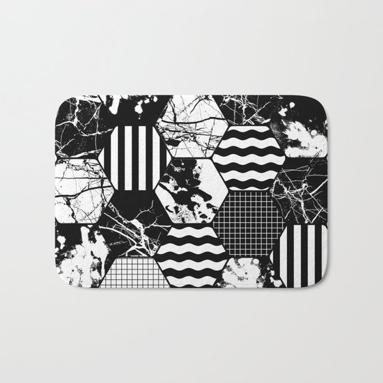 Hexual - Black and white, honeycomb, hexagon pattern, stripes, paint splats, grid and marble Bath Mat