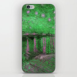 Starry Night Over the Rhone landscape painting by Vincent van Gogh in alternate emerald green with pink stars iPhone Skin