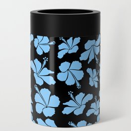 Bright hawaiian seamless pattern with tropical hibiscus flowers on black background in blue colors. Can Cooler