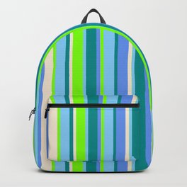 [ Thumbnail: Eye-catching Chartreuse, Light Sky Blue, Dark Cyan, Cornflower Blue, and Beige Colored Lines Pattern Backpack ]