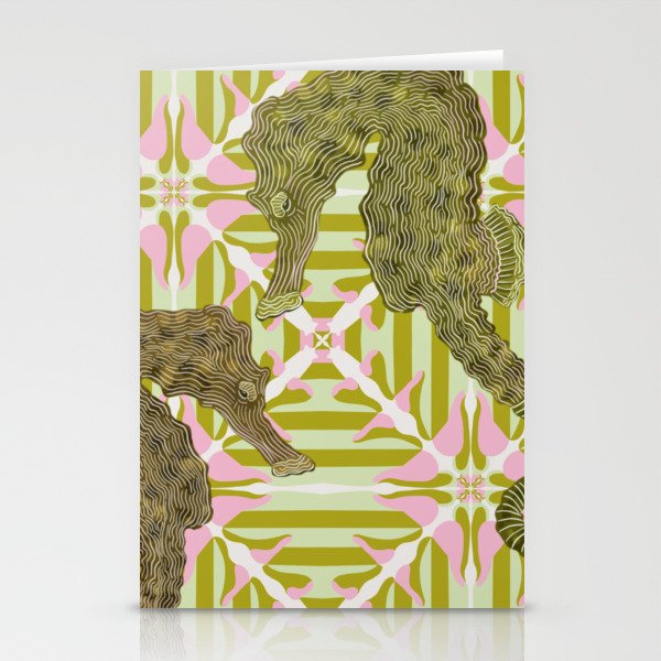 Seahorses swimming on a green and pink patterned background Stationery Cards