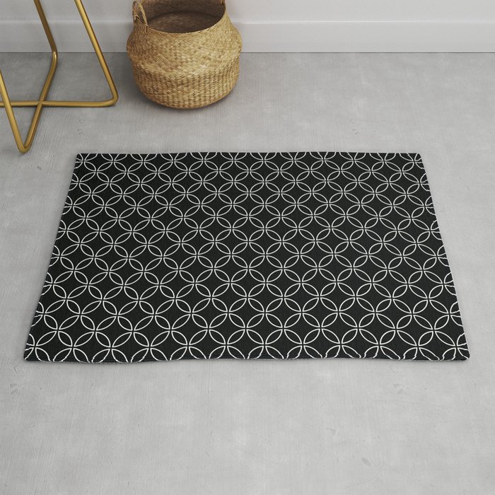 Black and White Four Leaf cement circle tile. Geometric circle decor pattern. Digital Illustration b Rug