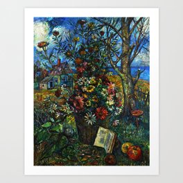 The Artists Home and Flower Garden by David Davidovich Burliuk Art Print | Newengland, Cottage, Zinnia, Roses, Artists, Wildflowers, Daisies, Bouquet, Dahlia, Maine 
