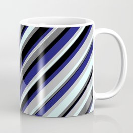 [ Thumbnail: Vibrant Grey, Light Cyan, Dim Grey, Black, and Midnight Blue Colored Striped/Lined Pattern Coffee Mug ]