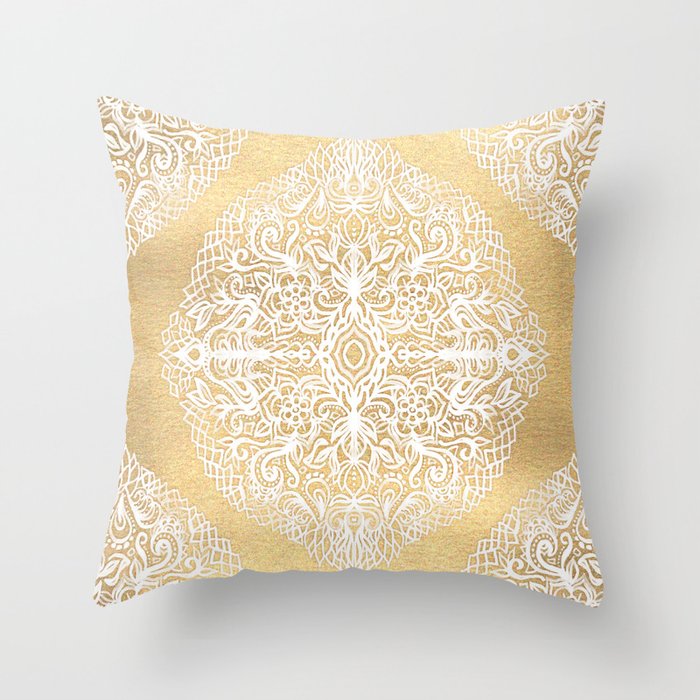 White Gouache Doodle on Gold Paint Throw Pillow