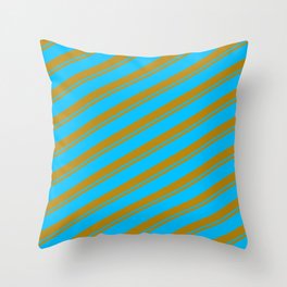 [ Thumbnail: Dark Goldenrod and Deep Sky Blue Colored Striped/Lined Pattern Throw Pillow ]