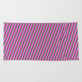 [ Thumbnail: Blue, Light Pink, Fuchsia & Green Colored Pattern of Stripes Beach Towel ]