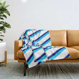 [ Thumbnail: Vibrant Tan, Blue, Black, Deep Sky Blue, and White Colored Striped/Lined Pattern Throw Blanket ]