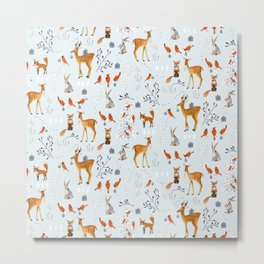 Cute woodland animals winter snow tree Metal Print | Children, Moderntraditional, Kids, Red, Forest, Rabbit, Deer, Nature, Drawing, Cardinals 