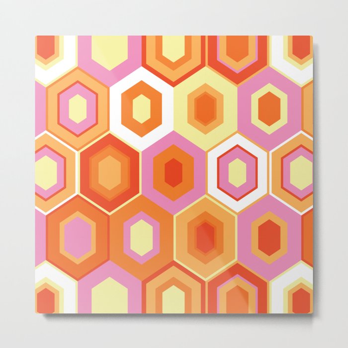 Pink, Orange, Yellow and White Hexagon Geometric Retro Pattern Metal Print