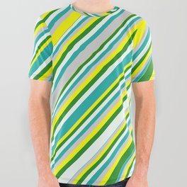 [ Thumbnail: Eyecatching Yellow, Forest Green, Mint Cream, Light Sea Green, and Light Grey Colored Lined Pattern All Over Graphic Tee ]