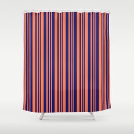 [ Thumbnail: Coral and Midnight Blue Colored Lines/Stripes Pattern Shower Curtain ]