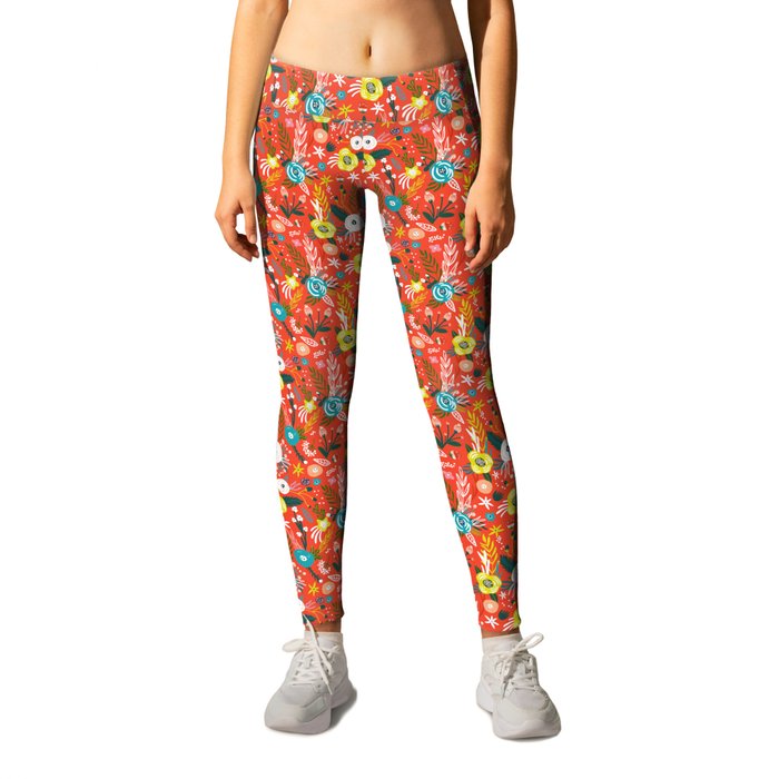 Red Spring Blooming Floral Blossom Garden Leggings