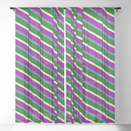 [ Thumbnail: Beige, Purple, Blue & Dark Green Colored Lines Pattern Sheer Curtain ]