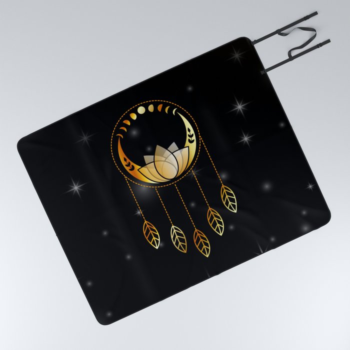 Mystic lotus dream catcher with moons and stars gold Picnic Blanket