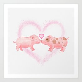 Cute and Sweet Little Piglets in Love, Watercolor Hand-painted Print, I Love You Gift With Animals Art Print